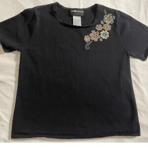 Vtg. Sag Harbor Petite Black Knit top with Embroidered Shoulder detail SZ M